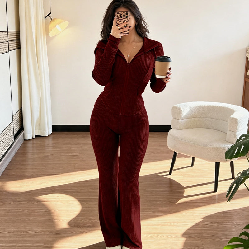 ☁️Stretchy Comfort, Multi-Occasion Versatile – Women's Ribbed Hooded Zip-Up Jacket & Flare Pants Set ✨