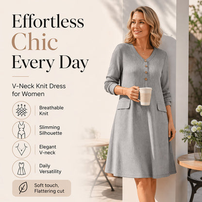 ☁️Soft Knit, Skin-Friendly Comfort – Women's V-Neck Vertical Stripe Knit Dress ✨