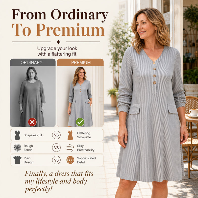 ☁️Soft Knit, Skin-Friendly Comfort – Women's V-Neck Vertical Stripe Knit Dress ✨