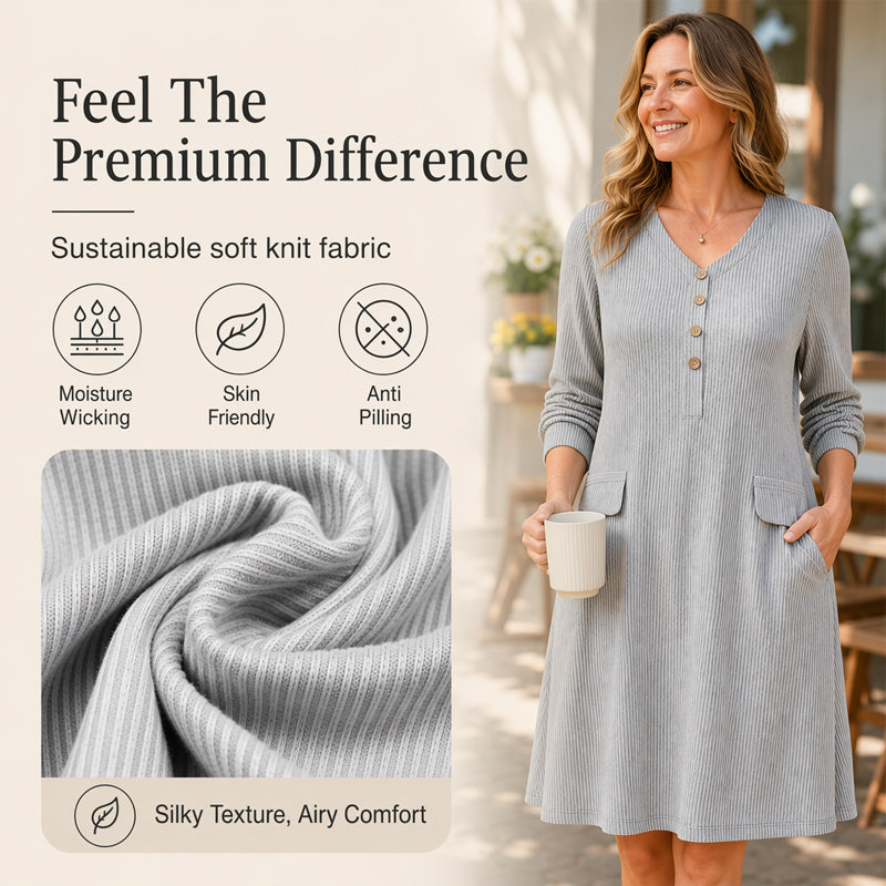 ☁️Soft Knit, Skin-Friendly Comfort – Women's V-Neck Vertical Stripe Knit Dress ✨