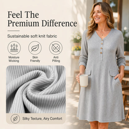 ☁️Soft Knit, Skin-Friendly Comfort – Women's V-Neck Vertical Stripe Knit Dress ✨
