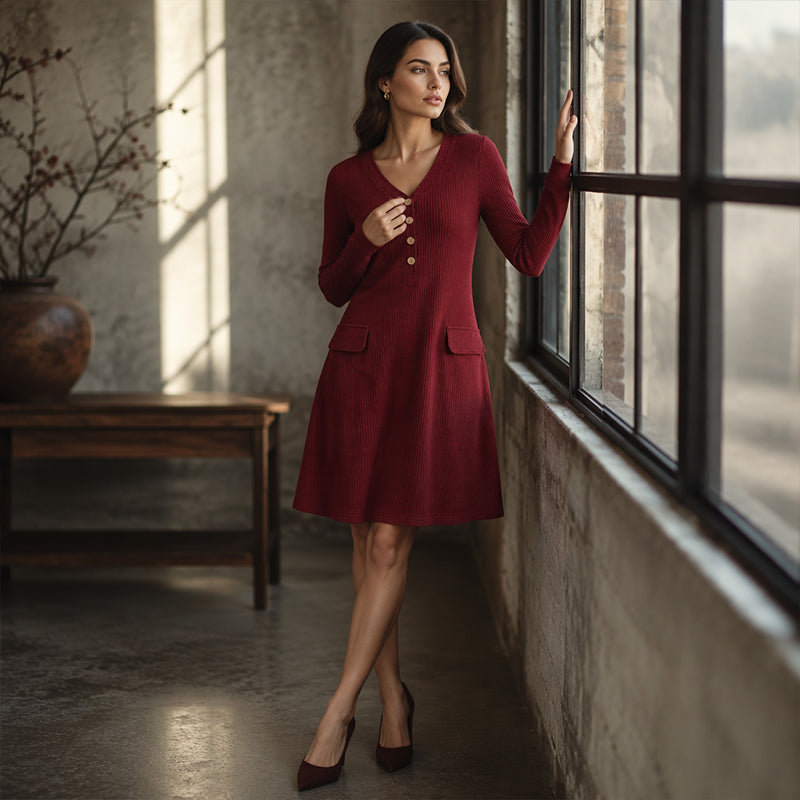 ☁️Soft Knit, Skin-Friendly Comfort – Women's V-Neck Vertical Stripe Knit Dress ✨