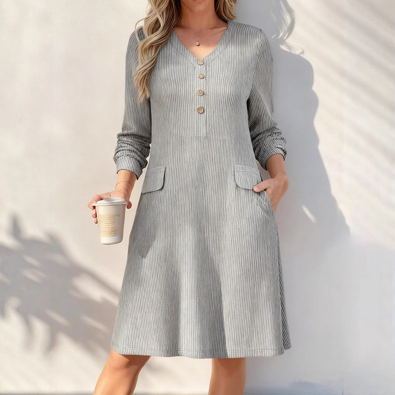 ☁️Soft Knit, Skin-Friendly Comfort – Women's V-Neck Vertical Stripe Knit Dress ✨