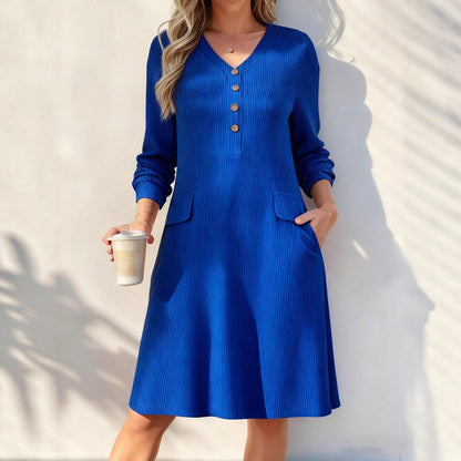 ☁️Soft Knit, Skin-Friendly Comfort – Women's V-Neck Vertical Stripe Knit Dress ✨