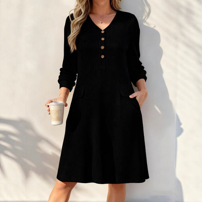☁️Soft Knit, Skin-Friendly Comfort – Women's V-Neck Vertical Stripe Knit Dress ✨