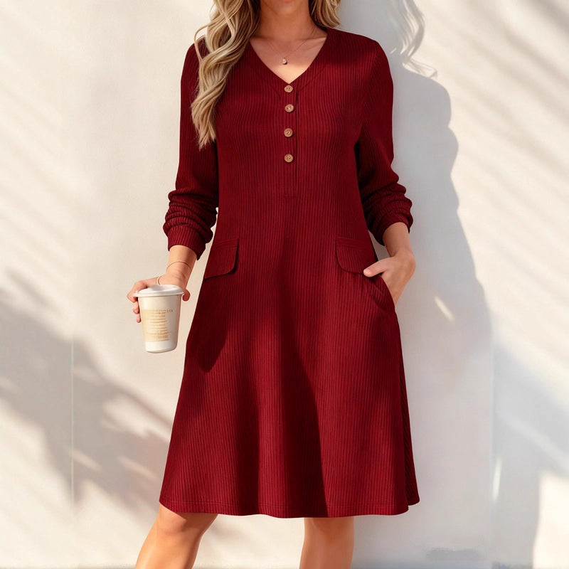 ☁️Soft Knit, Skin-Friendly Comfort – Women's V-Neck Vertical Stripe Knit Dress ✨