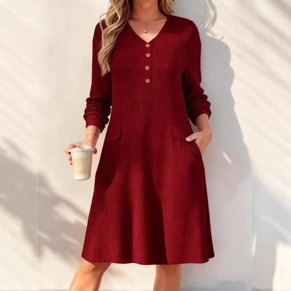 ☁️Soft Knit, Skin-Friendly Comfort – Women's V-Neck Vertical Stripe Knit Dress ✨