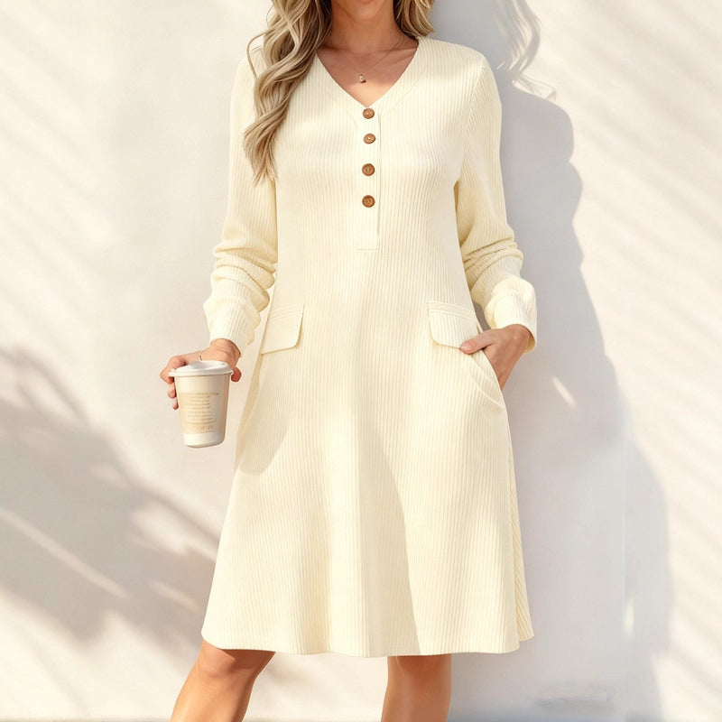 ☁️Soft Knit, Skin-Friendly Comfort – Women's V-Neck Vertical Stripe Knit Dress ✨