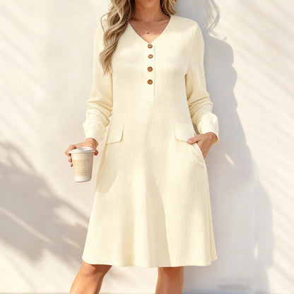 ☁️Soft Knit, Skin-Friendly Comfort – Women's V-Neck Vertical Stripe Knit Dress ✨