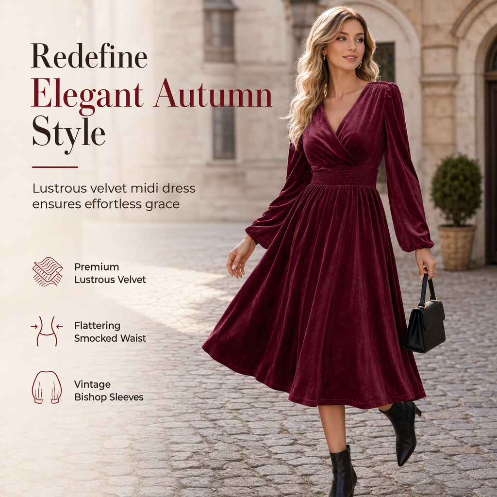 👗Smocked Waist A-Line, Slimming & Flattering – Women's Velvet V-Neck Long Dress ✨