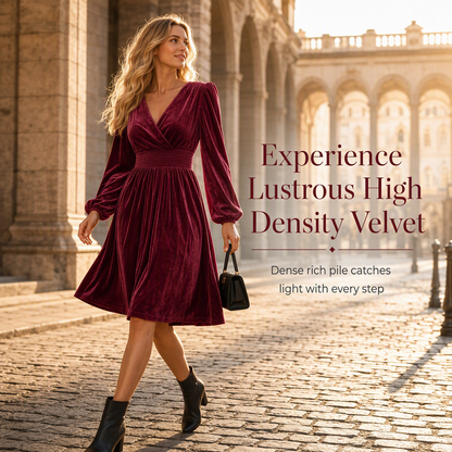 👗Smocked Waist A-Line, Slimming & Flattering – Women's Velvet V-Neck Long Dress ✨