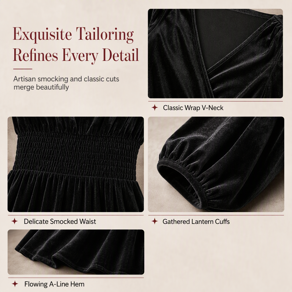 👗Smocked Waist A-Line, Slimming & Flattering – Women's Velvet V-Neck Long Dress ✨
