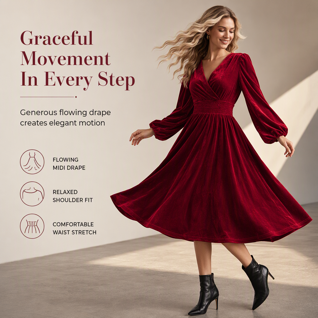 👗Smocked Waist A-Line, Slimming & Flattering – Women's Velvet V-Neck Long Dress ✨