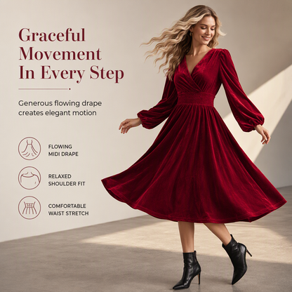 👗Smocked Waist A-Line, Slimming & Flattering – Women's Velvet V-Neck Long Dress ✨