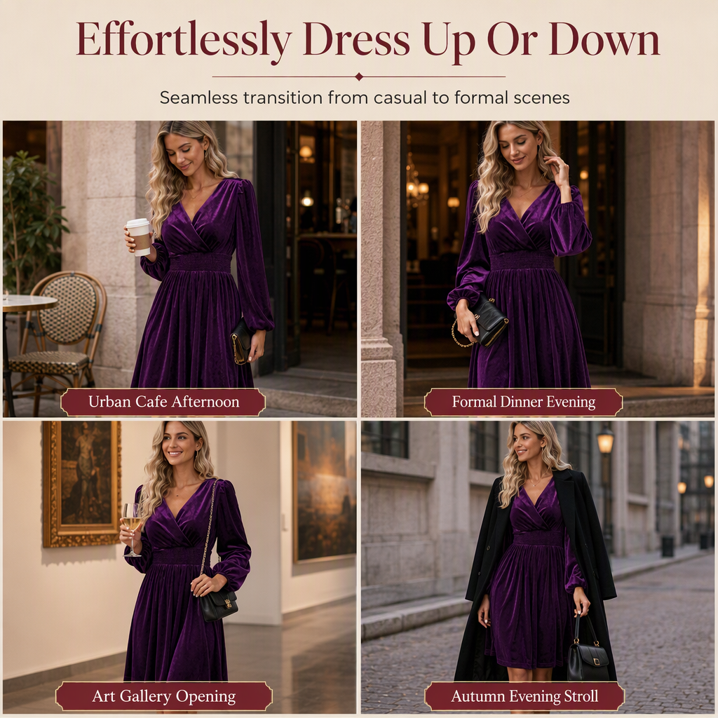 👗Smocked Waist A-Line, Slimming & Flattering – Women's Velvet V-Neck Long Dress ✨