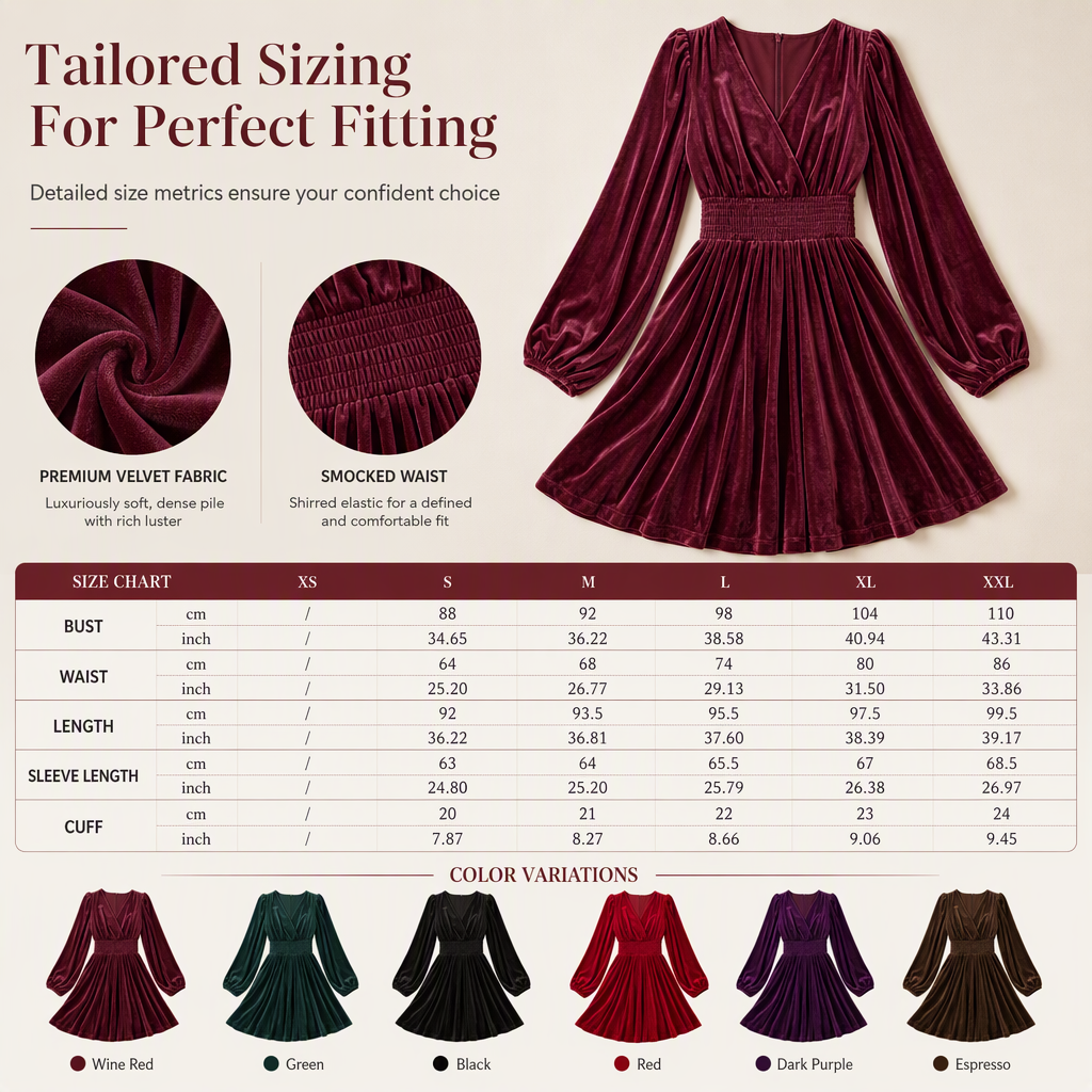 👗Smocked Waist A-Line, Slimming & Flattering – Women's Velvet V-Neck Long Dress ✨