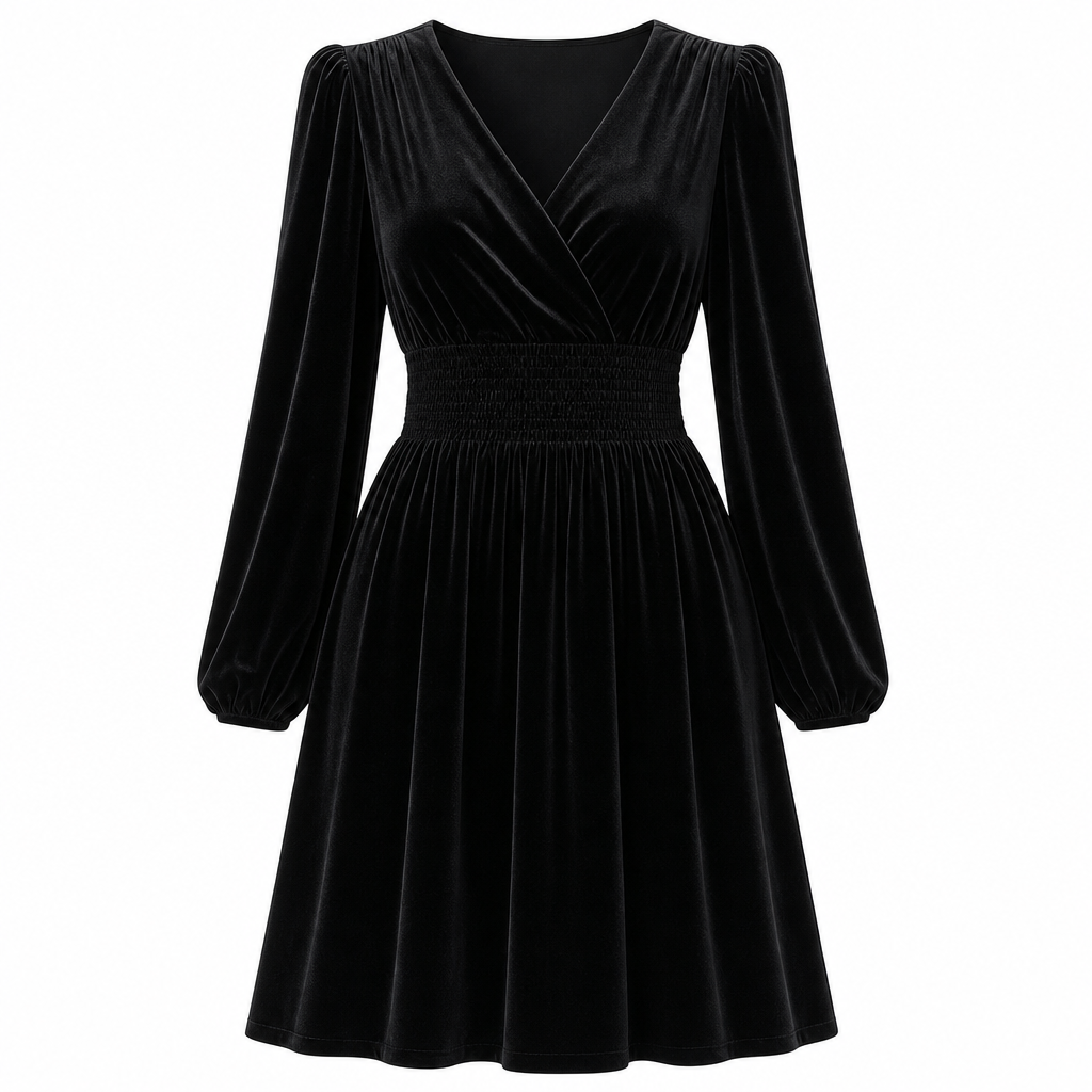 👗Smocked Waist A-Line, Slimming & Flattering – Women's Velvet V-Neck Long Dress ✨