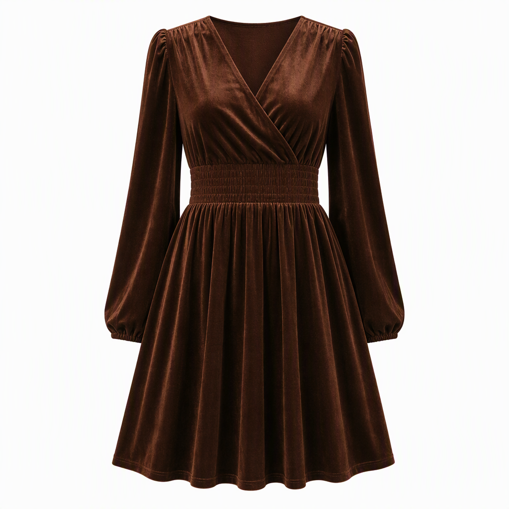 👗Smocked Waist A-Line, Slimming & Flattering – Women's Velvet V-Neck Long Dress ✨
