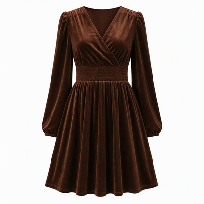 👗Smocked Waist A-Line, Slimming & Flattering – Women's Velvet V-Neck Long Dress ✨