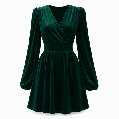 👗Smocked Waist A-Line, Slimming & Flattering – Women's Velvet V-Neck Long Dress ✨
