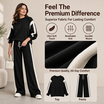 ☁️Comfortable & Casual, Home Relaxation – Women's Crewneck Sweatshirt & Wide-Leg Pants Set ✨