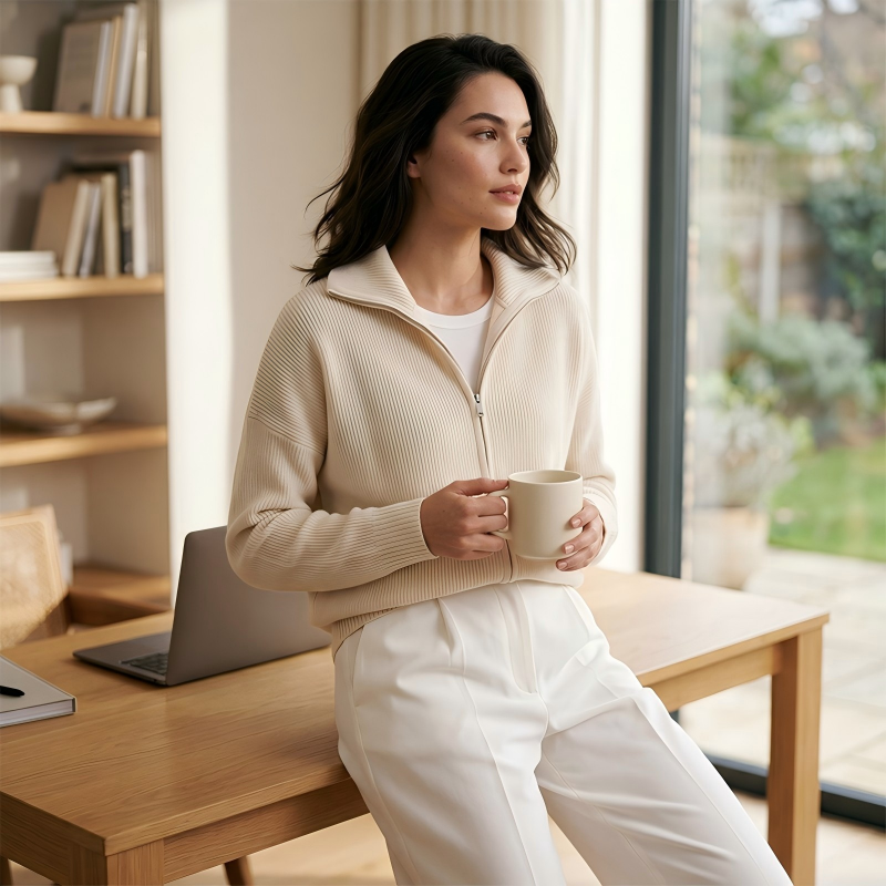 🔥Drop Shoulder, Flattering Relaxed Fit – Women's Ribbed Knit Zip-Up Cardigan ✨